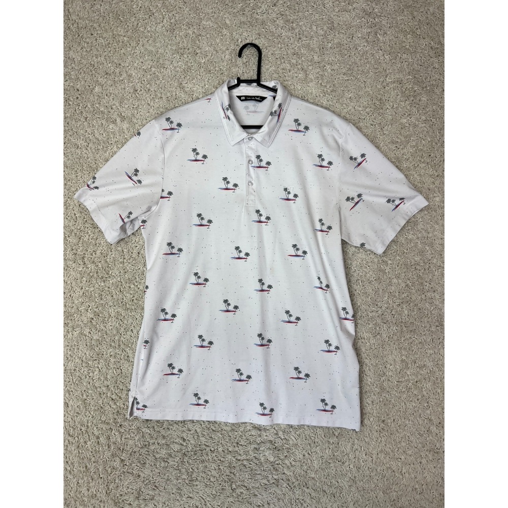 Travis Mathew Polo Shirt Mens XL White Tropical Palm Golf Casual Preppy Basic